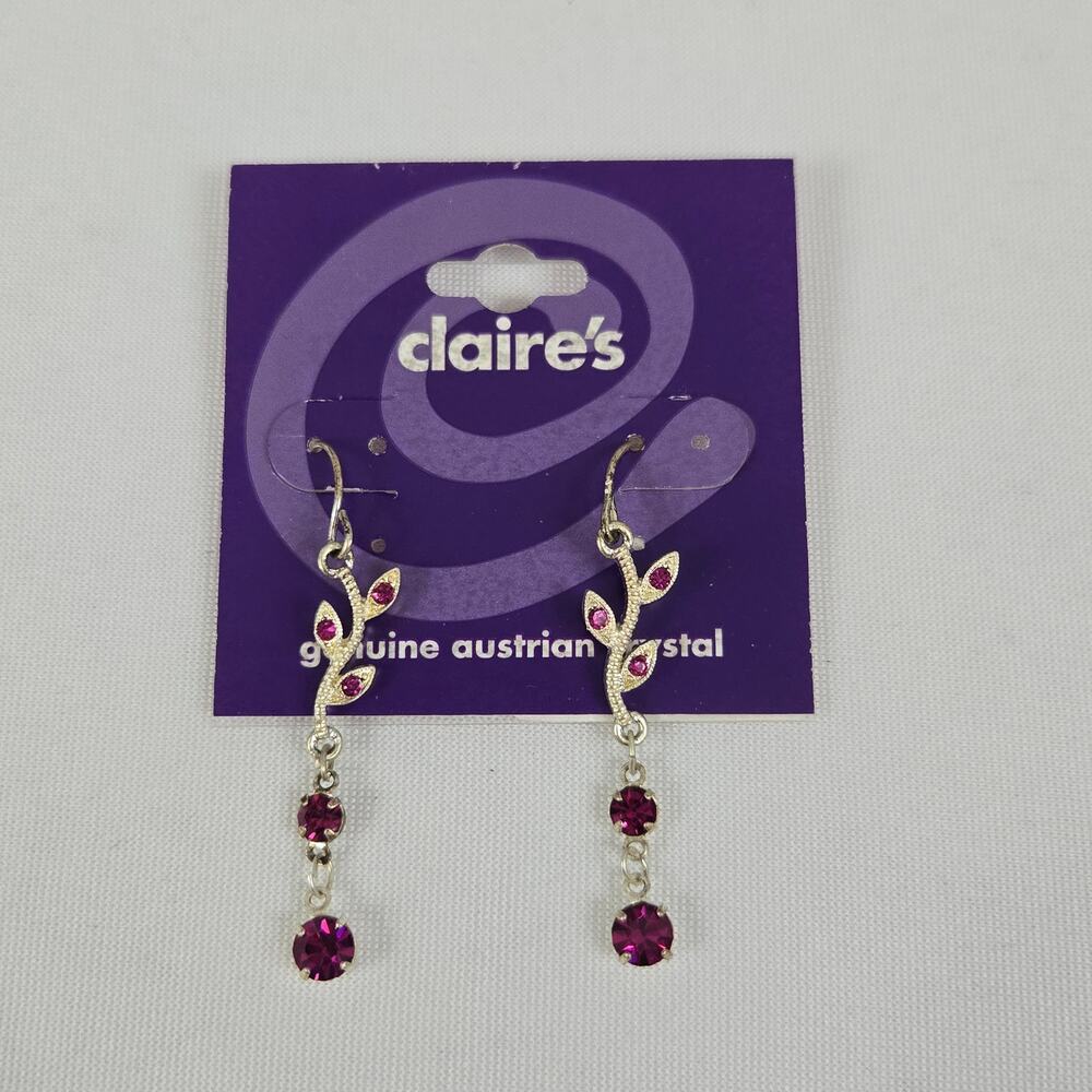 Claire's Delicate Silver-Tone Wire & Red Austrian Crystal Leaf Dangle Earrings